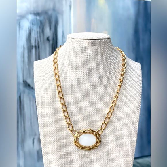Monet Jewelry - Vintage Monet Gold Tone Chunky Chain Necklace with White Cabochon Pendant